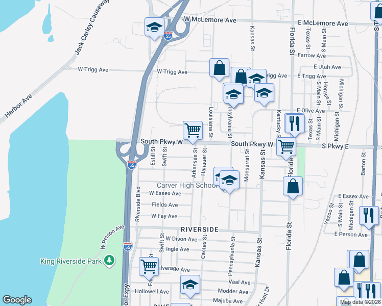 map of restaurants, bars, coffee shops, grocery stores, and more near 245 South Parkway West in Memphis