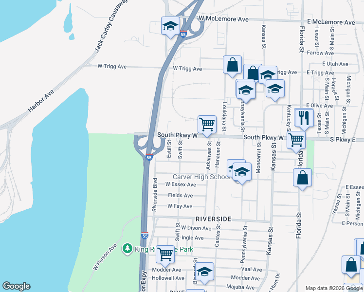 map of restaurants, bars, coffee shops, grocery stores, and more near 323 South Parkway West in Memphis