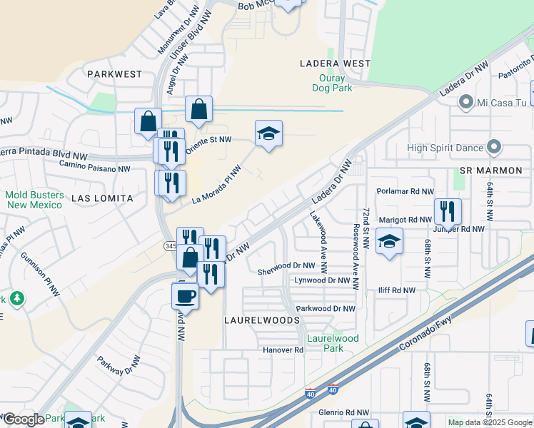map of restaurants, bars, coffee shops, grocery stores, and more near 24 Laurelwood Place Northwest in Albuquerque