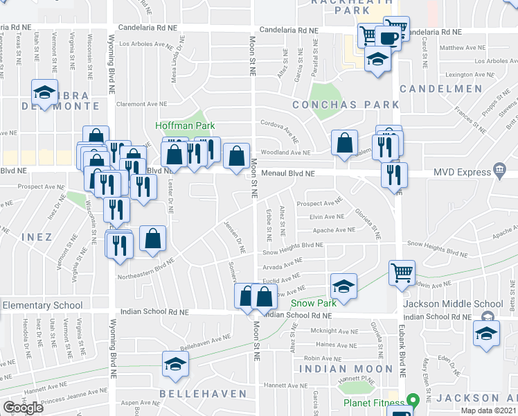 map of restaurants, bars, coffee shops, grocery stores, and more near 2058 Moon Street Northeast in Albuquerque