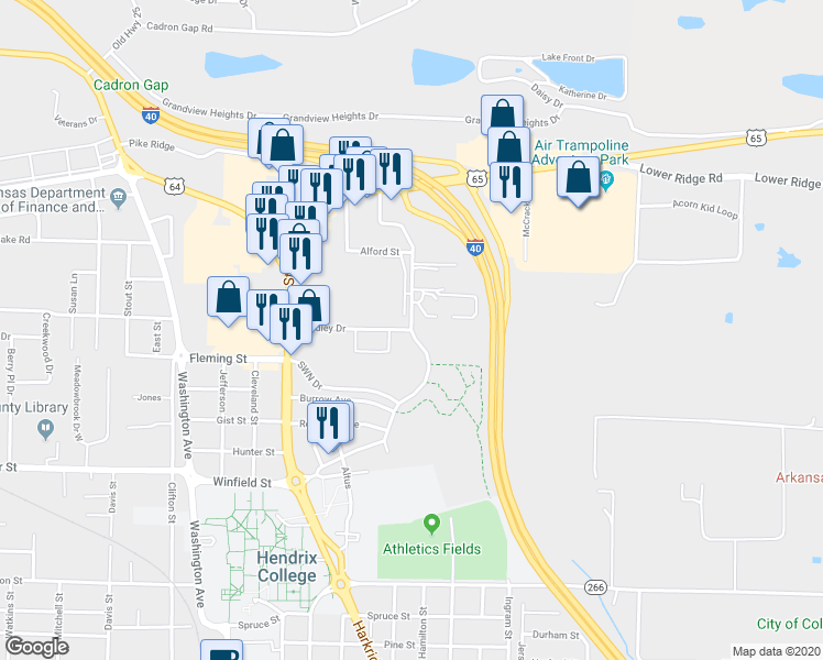 map of restaurants, bars, coffee shops, grocery stores, and more near 800 Fendley Drive in Conway