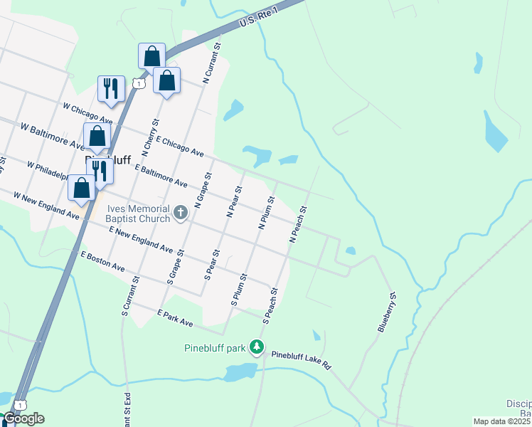 map of restaurants, bars, coffee shops, grocery stores, and more near North Plum Street in Pinebluff
