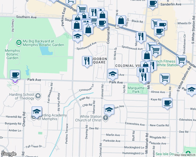 map of restaurants, bars, coffee shops, grocery stores, and more near 4749 Towering Oaks Drive in Memphis