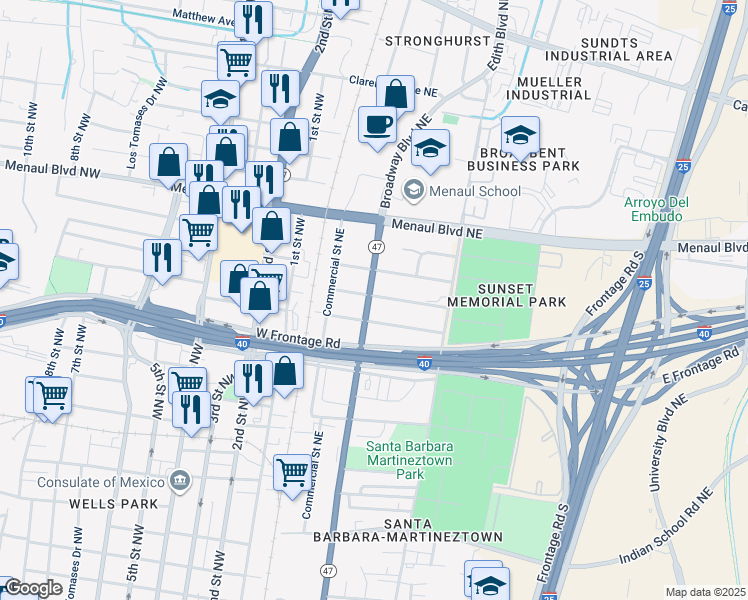 map of restaurants, bars, coffee shops, grocery stores, and more near 311 Cutler Avenue Northeast in Albuquerque