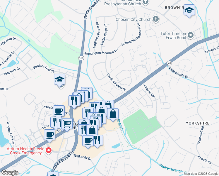 map of restaurants, bars, coffee shops, grocery stores, and more near 12620 Toscana Way in Charlotte