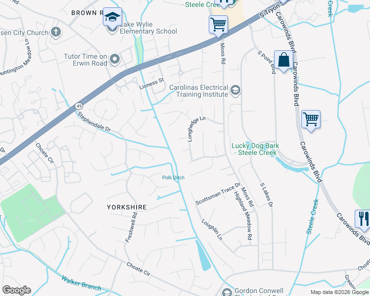 map of restaurants, bars, coffee shops, grocery stores, and more near 13511 Misty Dew Ct in Charlotte