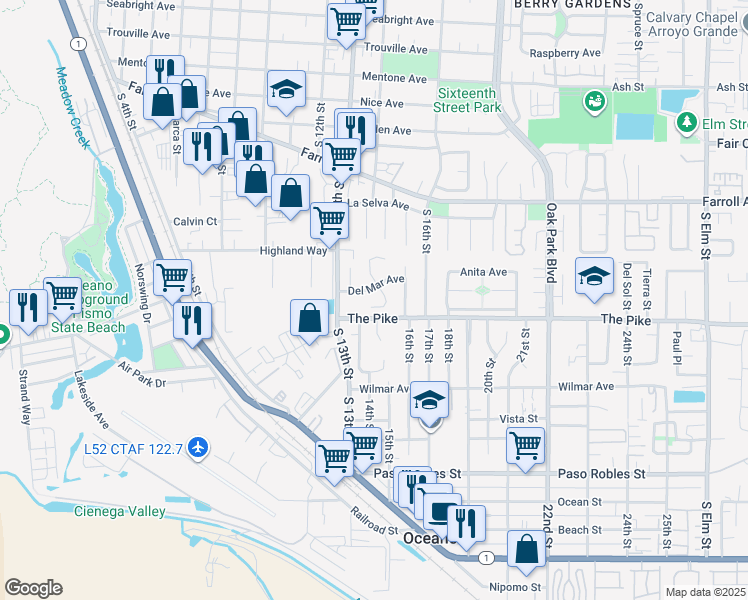 map of restaurants, bars, coffee shops, grocery stores, and more near 1288 San Sorrento Court in Grover Beach