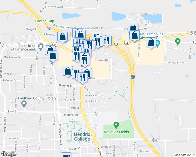 map of restaurants, bars, coffee shops, grocery stores, and more near 924 Fendley Drive in Conway
