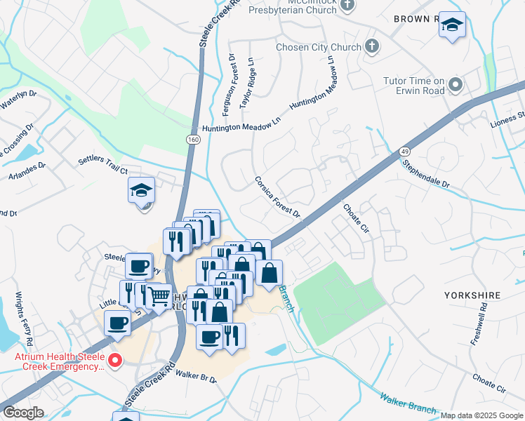 map of restaurants, bars, coffee shops, grocery stores, and more near 12620 Toscana Way in Charlotte