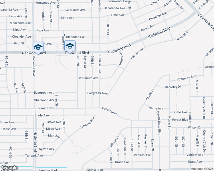 map of restaurants, bars, coffee shops, grocery stores, and more near Norwich Court in California City