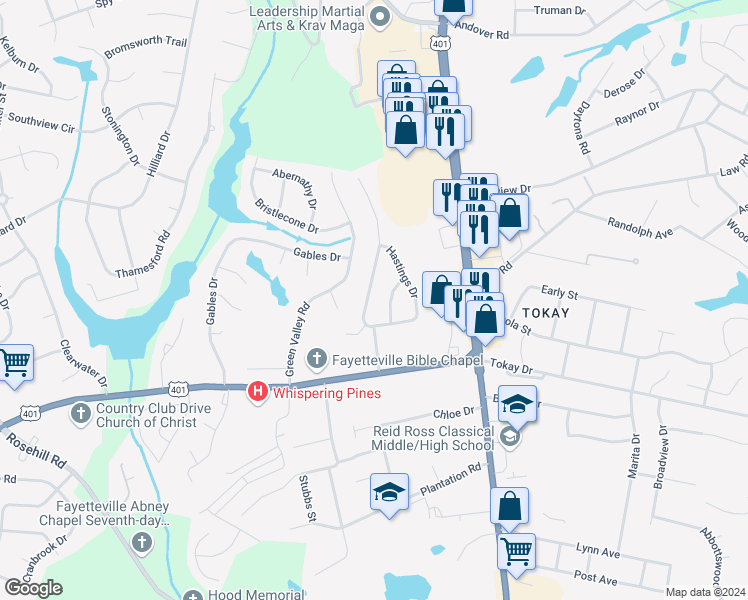 map of restaurants, bars, coffee shops, grocery stores, and more near 3548 Hastings Drive in Fayetteville