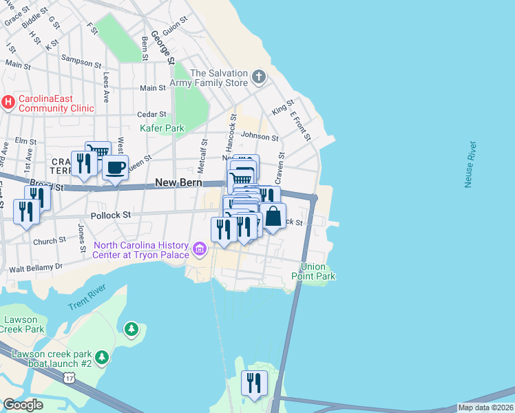 map of restaurants, bars, coffee shops, grocery stores, and more near 320 Pollock Street in New Bern