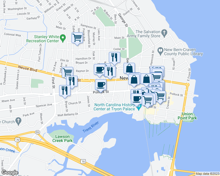 map of restaurants, bars, coffee shops, grocery stores, and more near 314 Fleet Street in New Bern