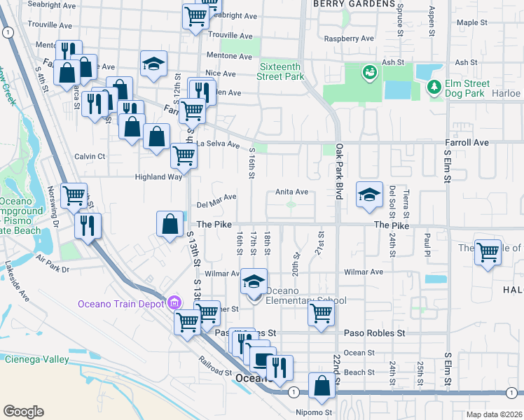 map of restaurants, bars, coffee shops, grocery stores, and more near 123 Lynne Street in Grover Beach