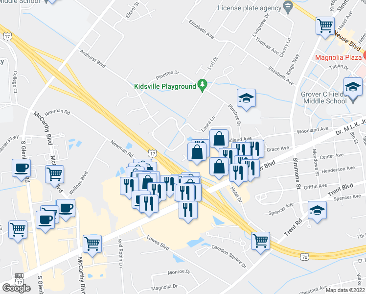 map of restaurants, bars, coffee shops, grocery stores, and more near 142 Monterey Circle in New Bern