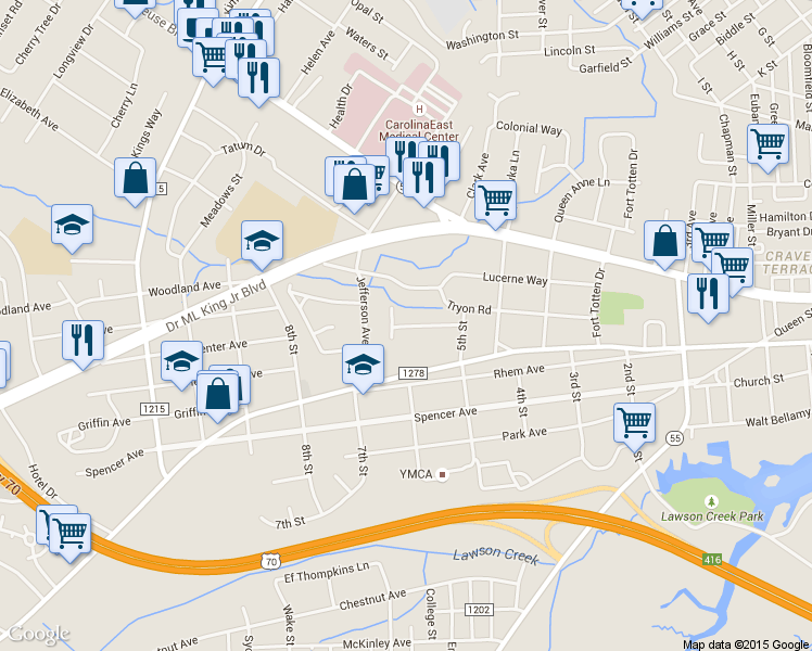 map of restaurants, bars, coffee shops, grocery stores, and more near 1736 Elmwood Street in New Bern