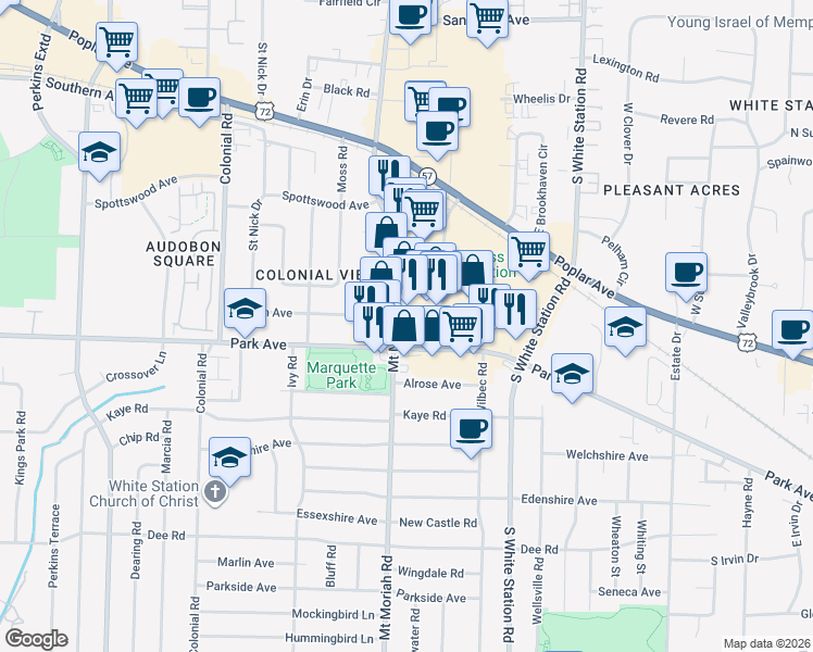 map of restaurants, bars, coffee shops, grocery stores, and more near 868 Mount Moriah Road in Memphis