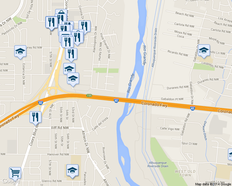 map of restaurants, bars, coffee shops, grocery stores, and more near 4908 El Aguila Place Northwest in Albuquerque