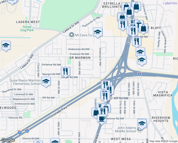 map of restaurants, bars, coffee shops, grocery stores, and more near 6212 Summer Ray Road Northwest in Albuquerque