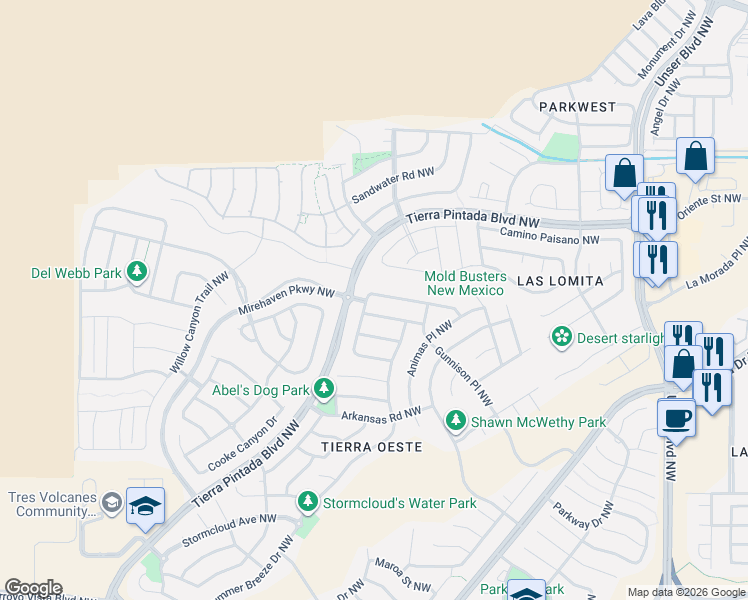 map of restaurants, bars, coffee shops, grocery stores, and more near 8843 Monsoon Road Northwest in Albuquerque