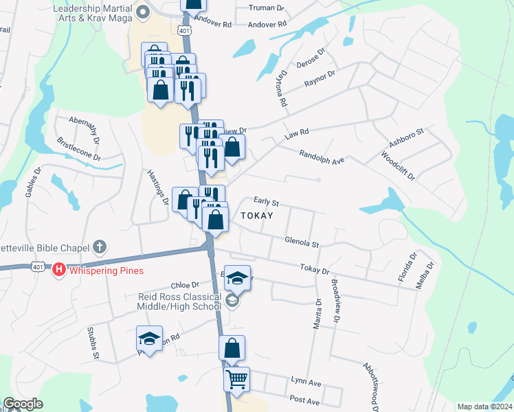map of restaurants, bars, coffee shops, grocery stores, and more near 218 Early Street in Fayetteville