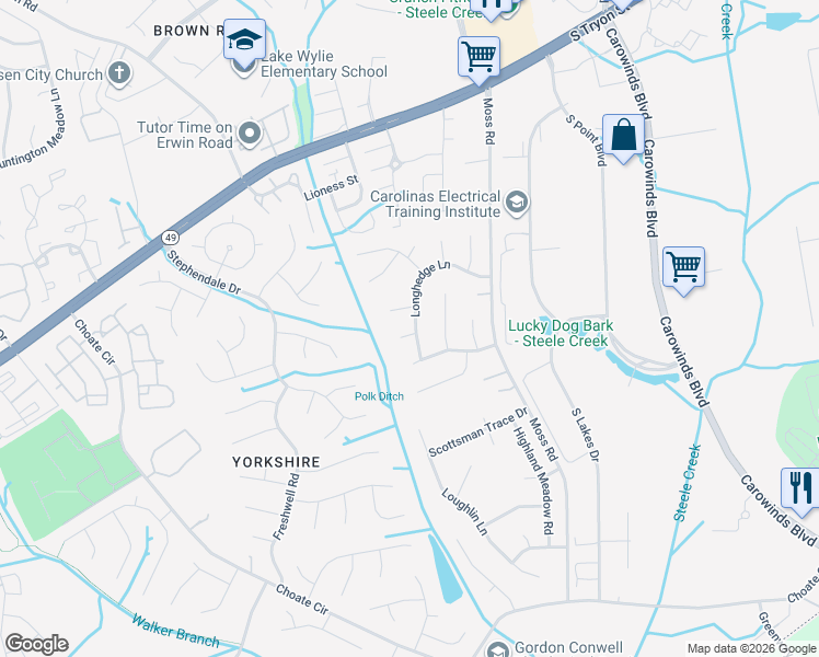 map of restaurants, bars, coffee shops, grocery stores, and more near 13511 Misty Dew Court in Charlotte
