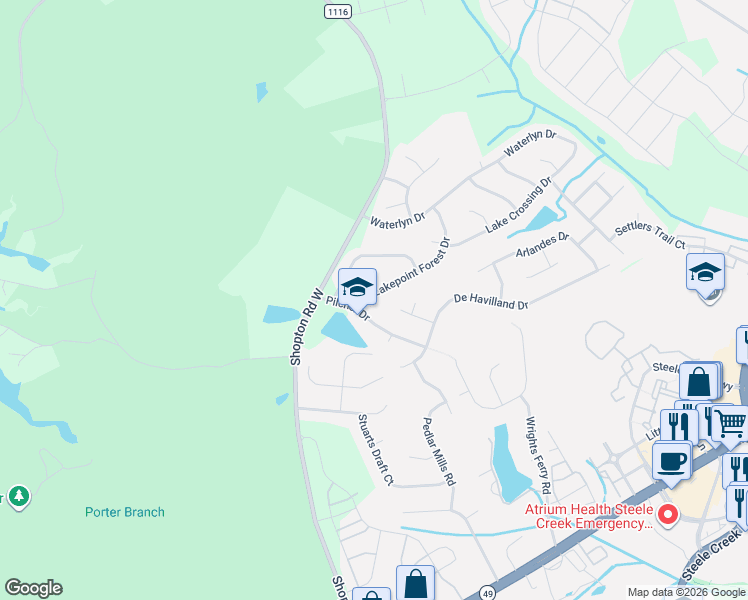 map of restaurants, bars, coffee shops, grocery stores, and more near 15701 Lakepoint Forest Drive in Charlotte