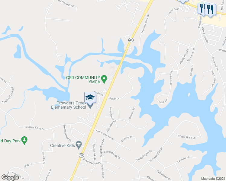 map of restaurants, bars, coffee shops, grocery stores, and more near Cutter Point Drive in York County