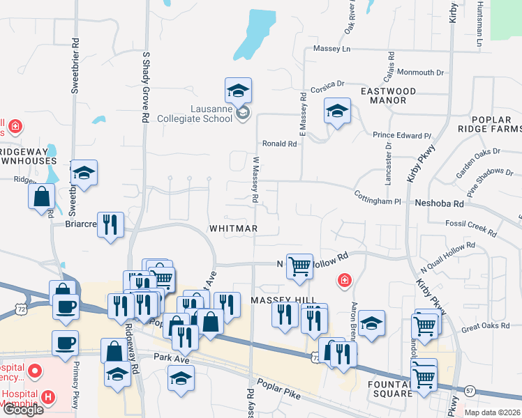 map of restaurants, bars, coffee shops, grocery stores, and more near 6359 Massey Manor Lane West in Memphis