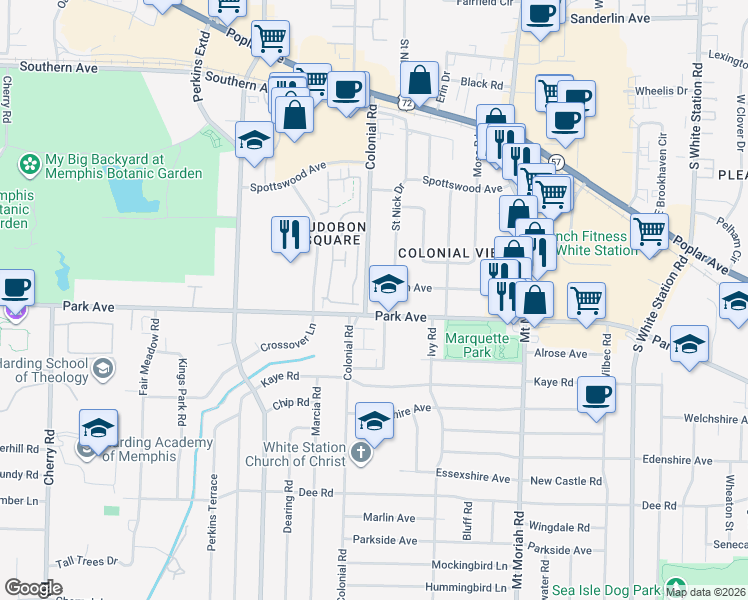 map of restaurants, bars, coffee shops, grocery stores, and more near 866 Colonial Road in Memphis