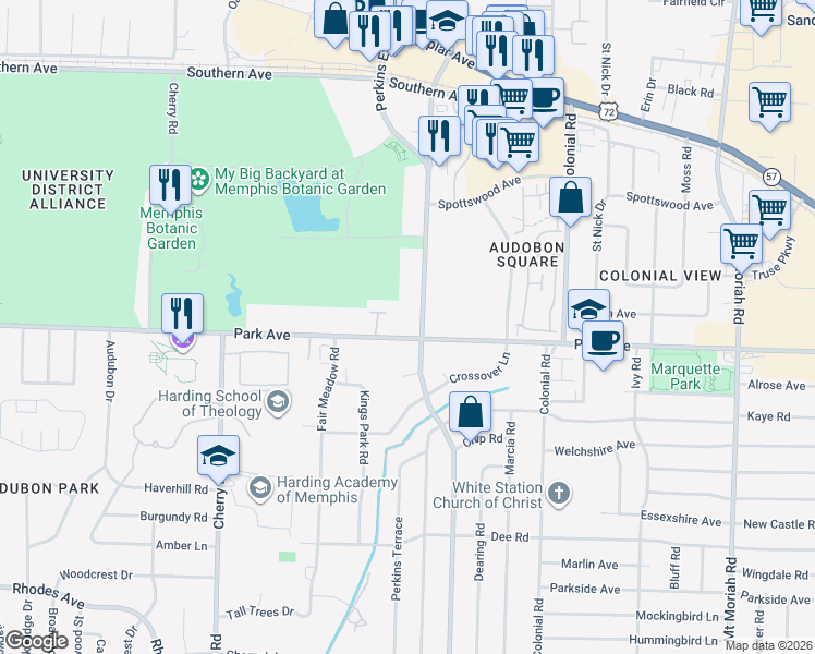 map of restaurants, bars, coffee shops, grocery stores, and more near 901 South Perkins Road in Memphis