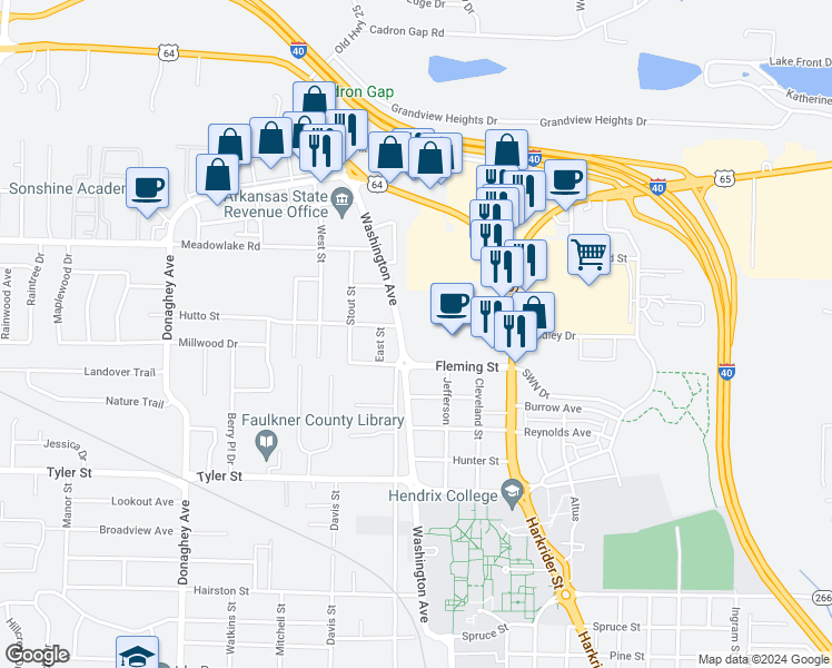 map of restaurants, bars, coffee shops, grocery stores, and more near 2133 Washington Avenue in Conway