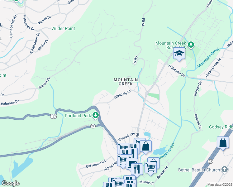 map of restaurants, bars, coffee shops, grocery stores, and more near 225 Glendale Drive in Chattanooga