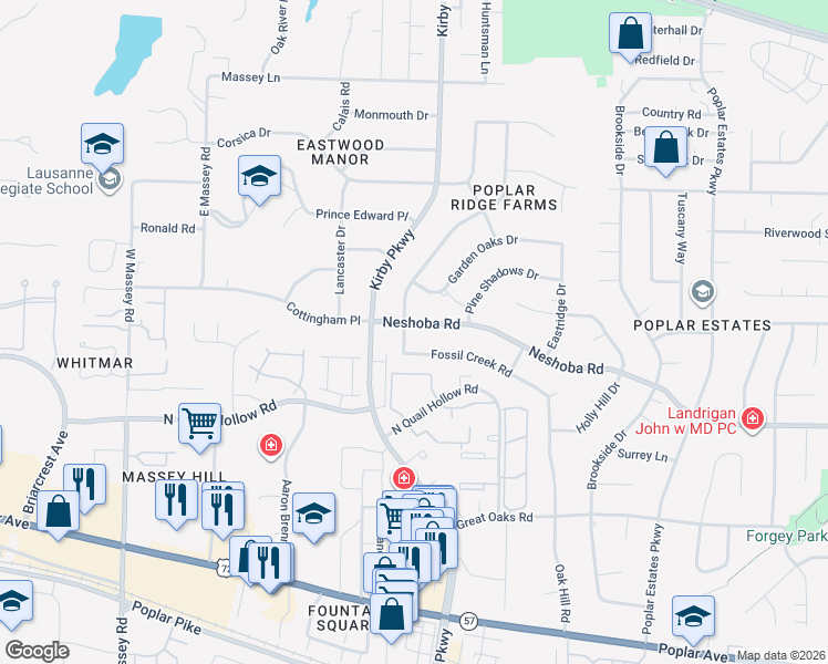map of restaurants, bars, coffee shops, grocery stores, and more near 6677 Neshoba Road in Memphis