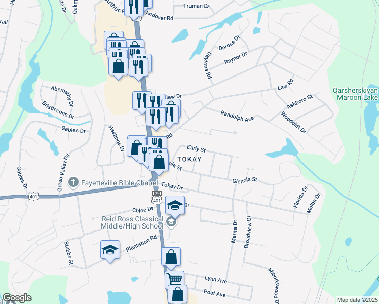 map of restaurants, bars, coffee shops, grocery stores, and more near 218 Early Street in Fayetteville