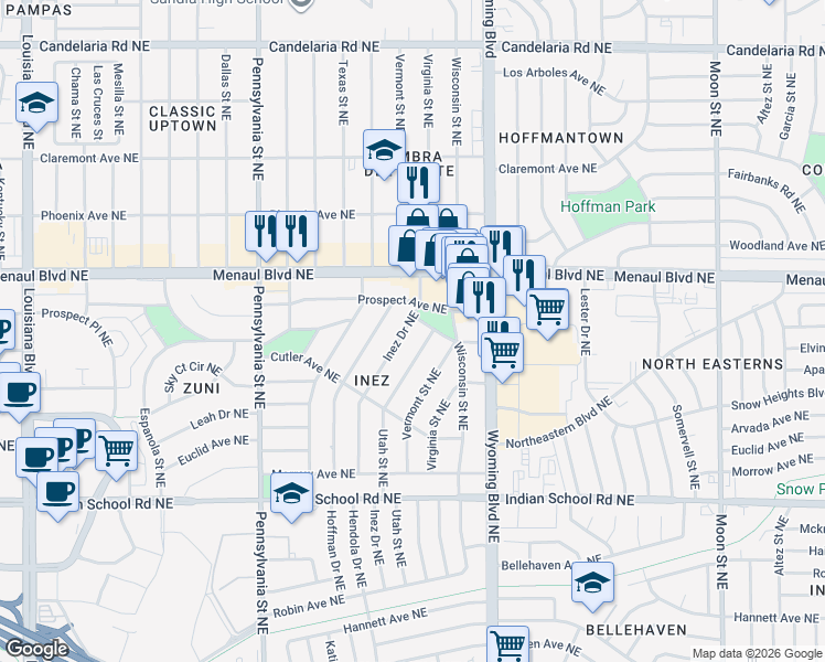 map of restaurants, bars, coffee shops, grocery stores, and more near 2326 Inez Drive Northeast in Albuquerque