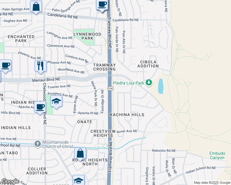 map of restaurants, bars, coffee shops, grocery stores, and more near 2125 Father Sky Street Northeast in Albuquerque