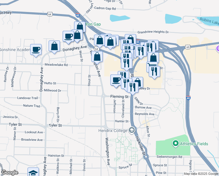 map of restaurants, bars, coffee shops, grocery stores, and more near 2123 Washington Avenue in Conway