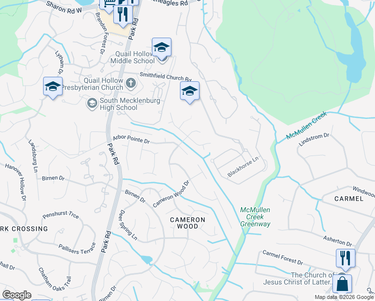 map of restaurants, bars, coffee shops, grocery stores, and more near 3215 Arbor Pointe Drive in Charlotte