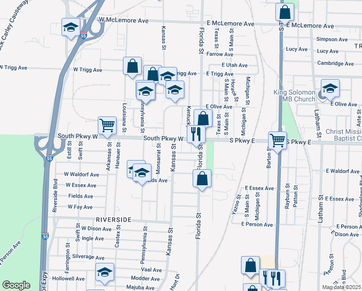 map of restaurants, bars, coffee shops, grocery stores, and more near 65 South Parkway West in Memphis