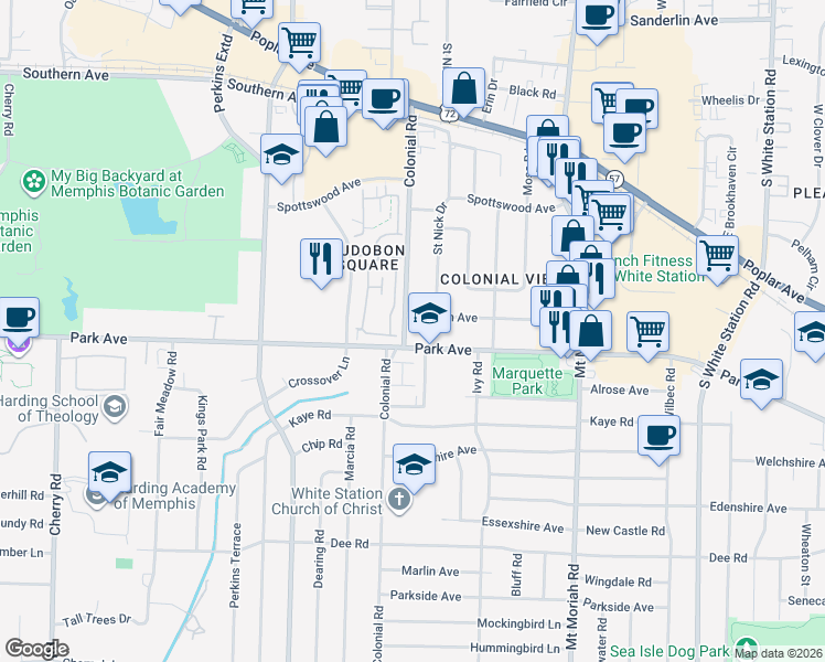 map of restaurants, bars, coffee shops, grocery stores, and more near 866 Colonial Road in Memphis