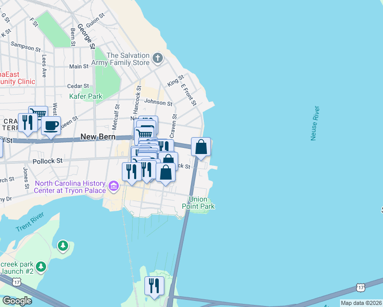 map of restaurants, bars, coffee shops, grocery stores, and more near 217 Broad Street in New Bern