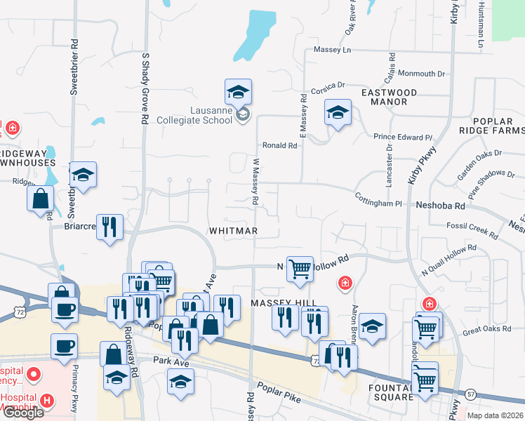 map of restaurants, bars, coffee shops, grocery stores, and more near 6359 Massey Manor Lane West in Memphis