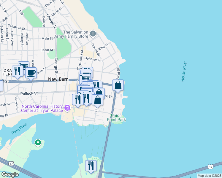 map of restaurants, bars, coffee shops, grocery stores, and more near 336 River Walk Drive in New Bern