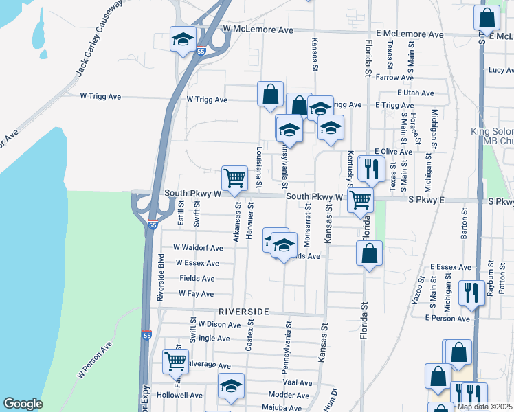 map of restaurants, bars, coffee shops, grocery stores, and more near 205 South Parkway West in Memphis