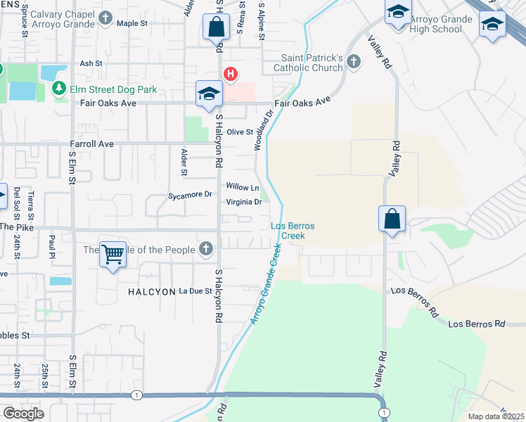 map of restaurants, bars, coffee shops, grocery stores, and more near 654 Woodland Court in Arroyo Grande