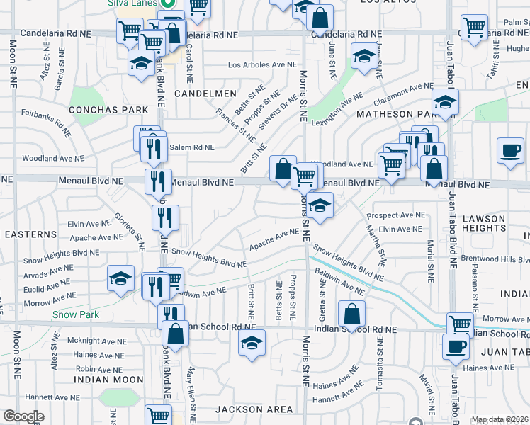 map of restaurants, bars, coffee shops, grocery stores, and more near 10505 Prospect Avenue Northeast in Albuquerque