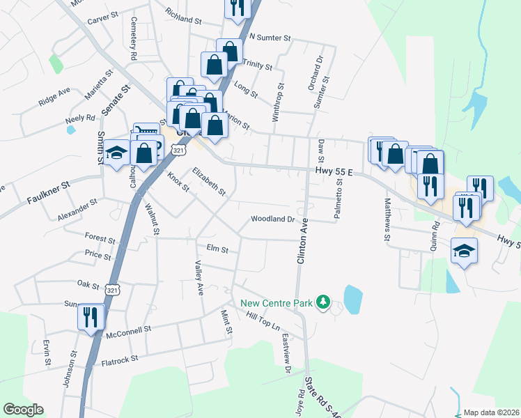 map of restaurants, bars, coffee shops, grocery stores, and more near 112 Pinewood Drive in Clover