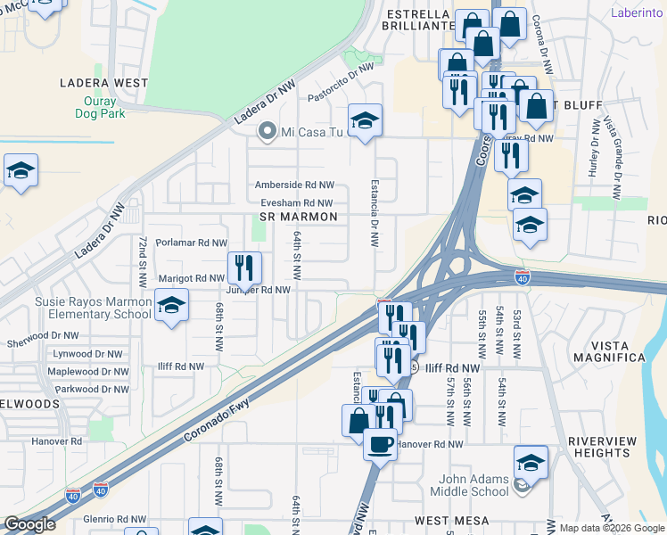 map of restaurants, bars, coffee shops, grocery stores, and more near 6212 Summer Ray Road Northwest in Albuquerque
