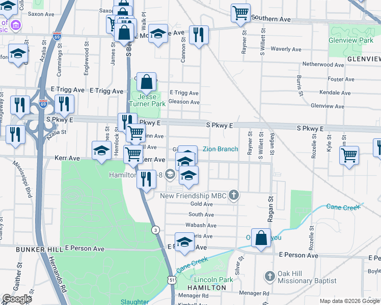 map of restaurants, bars, coffee shops, grocery stores, and more near 1379 Gill Avenue in Memphis